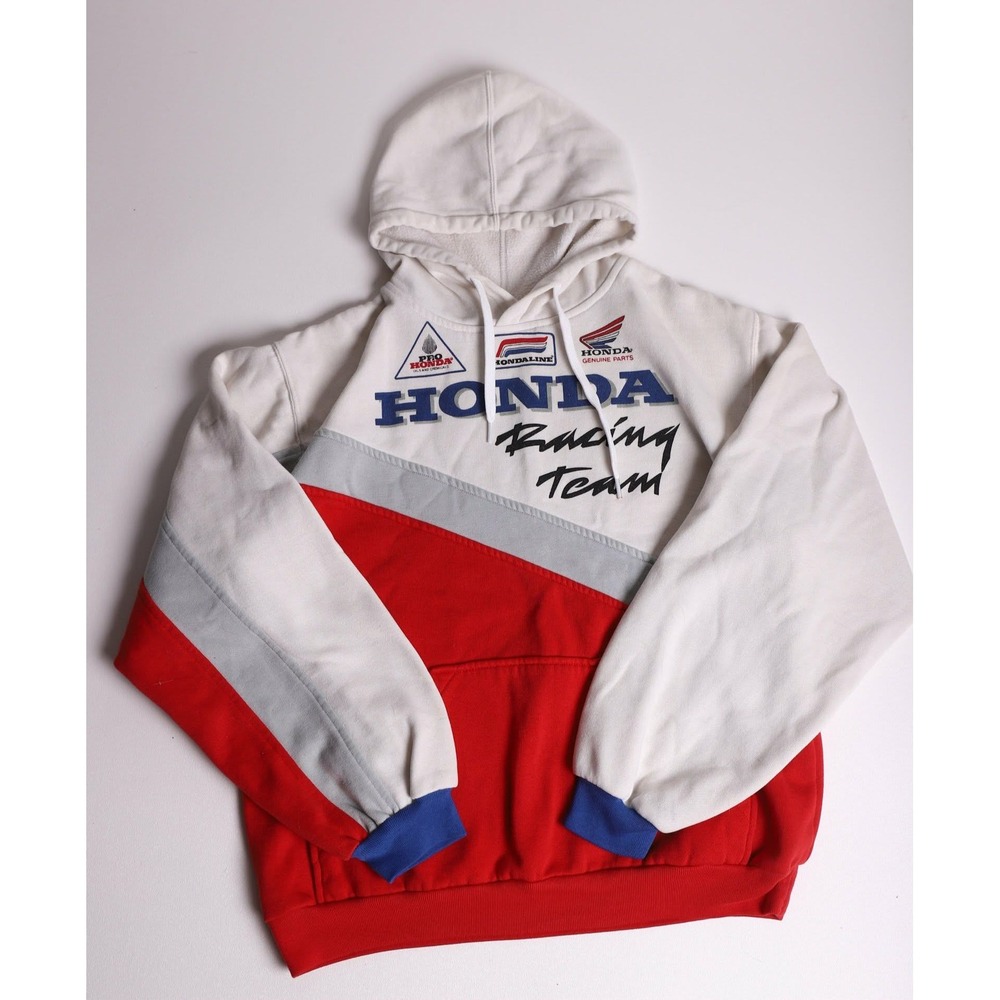 Vintage 80s Honda Racing Team Hoodie Colorblock Pullover White Red Grey Blue Sma